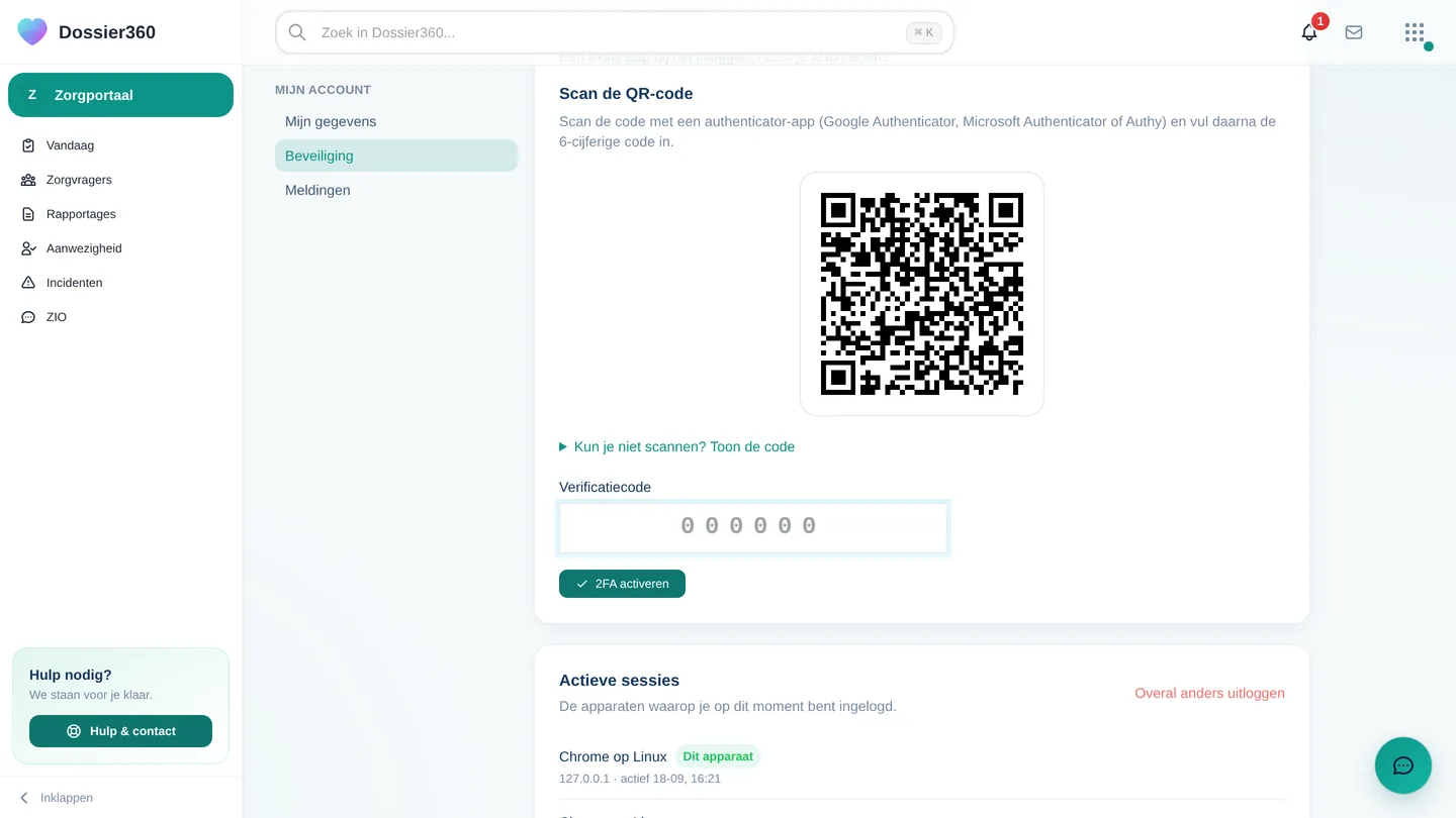 Mijn account → Beveiliging met de QR-code van de 2FA-setup