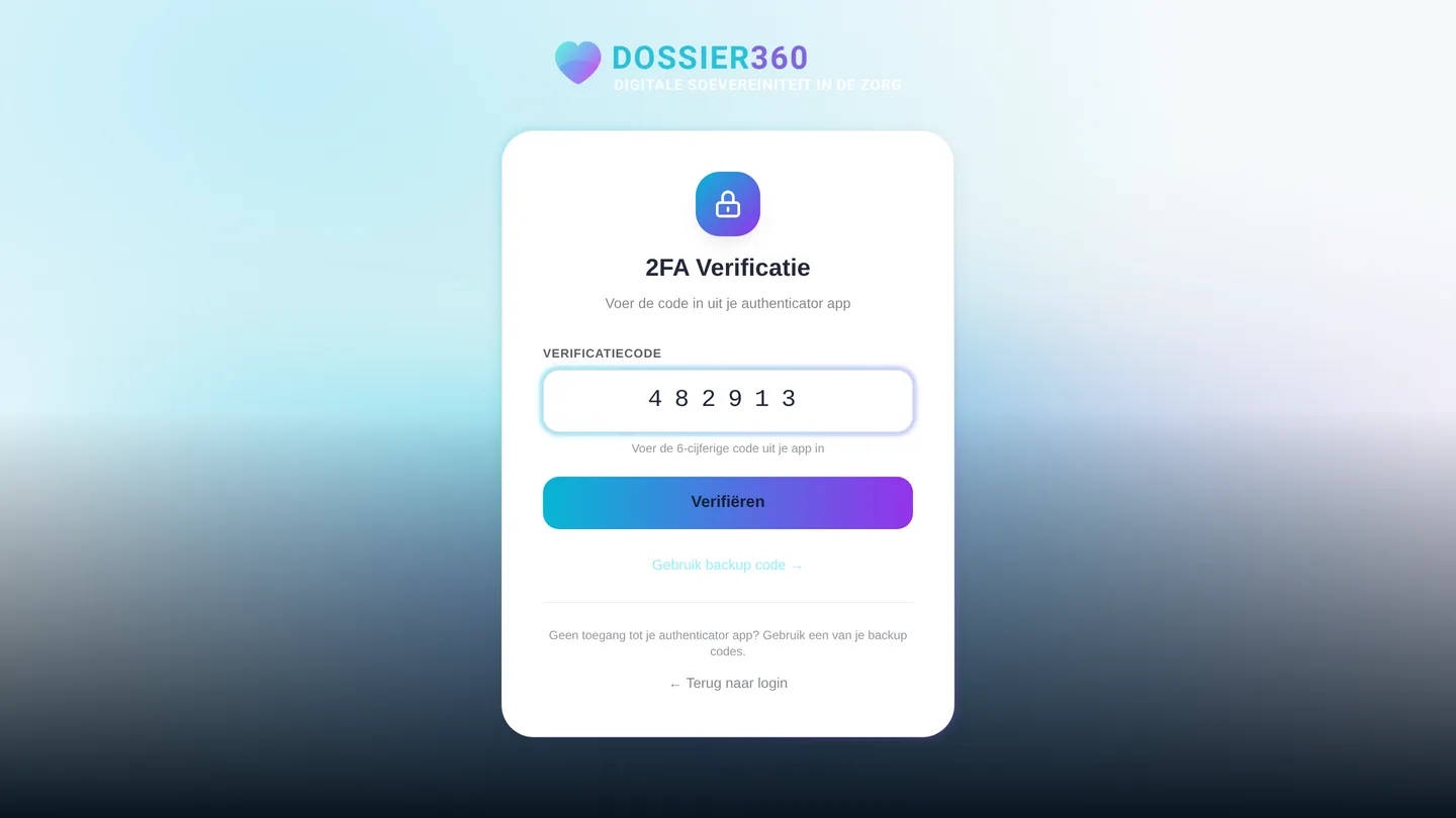 Het scherm "2FA Verificatie" met het codeveld