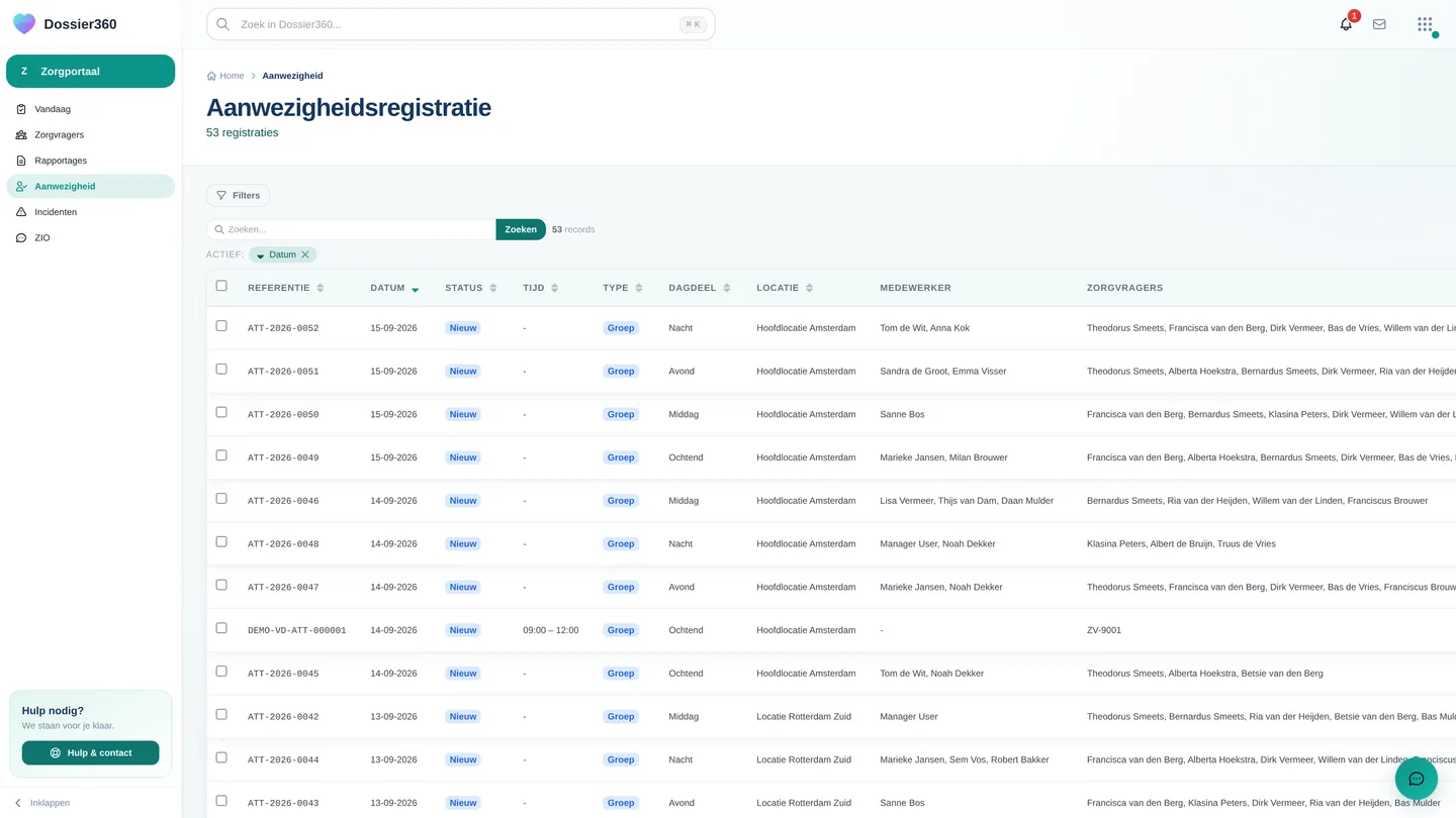 Zorgportaal → Aanwezigheid: de lijst met referentie, datum, status, type en de knoppen Bulkregistratie / Nieuwe registratie
