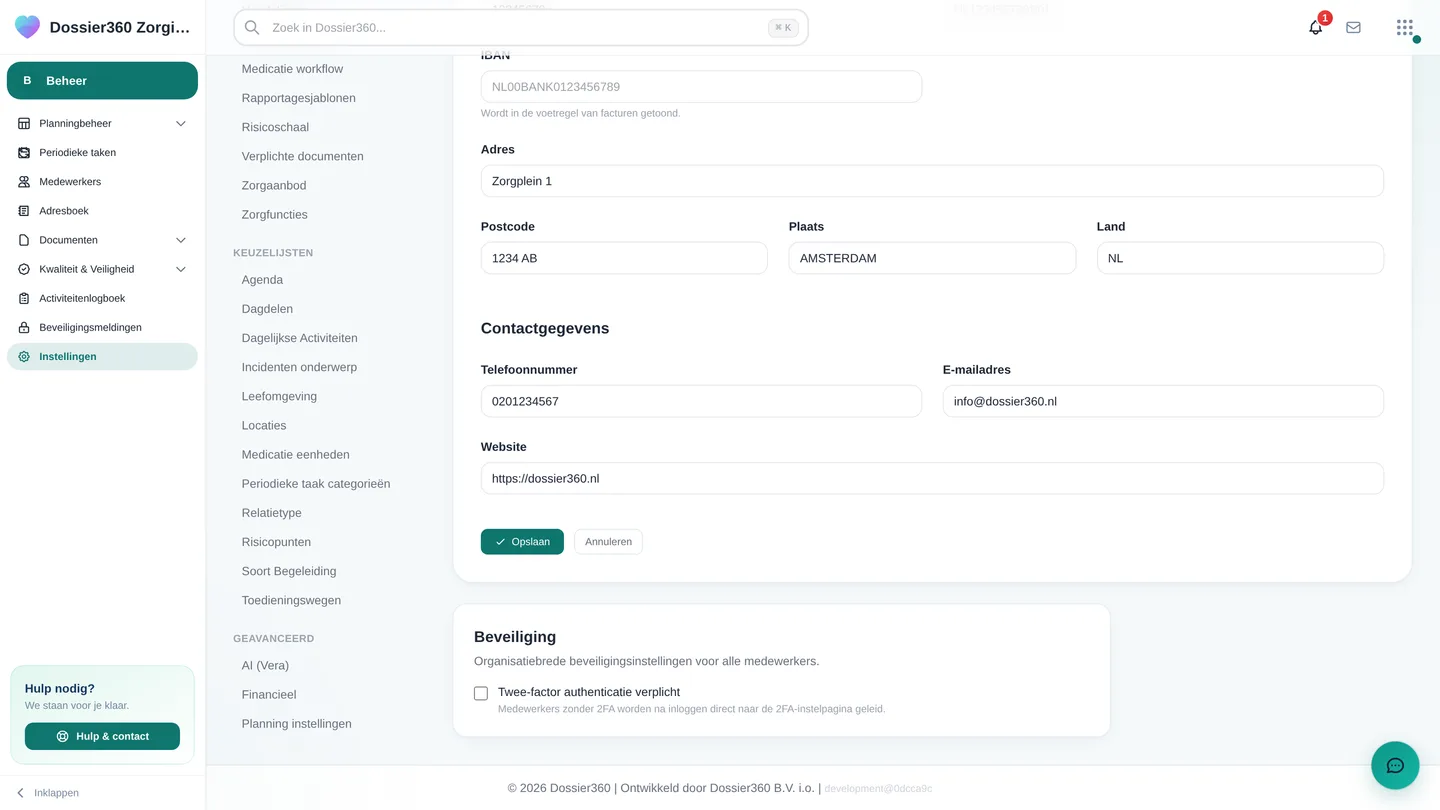 Kaart Beveiliging op Bedrijfsgegevens met het vinkje "Twee-factor authenticatie verplicht"