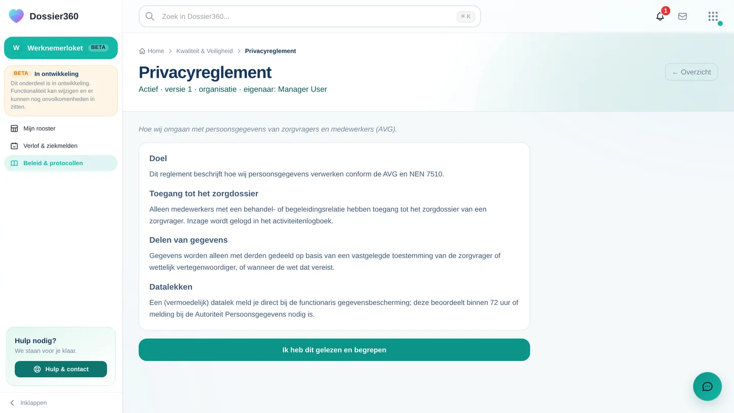 Beleidsstuk in het Werknemerloket (Beleid & protocollen) met de knop "Ik heb dit gelezen en begrepen" onder de tekst