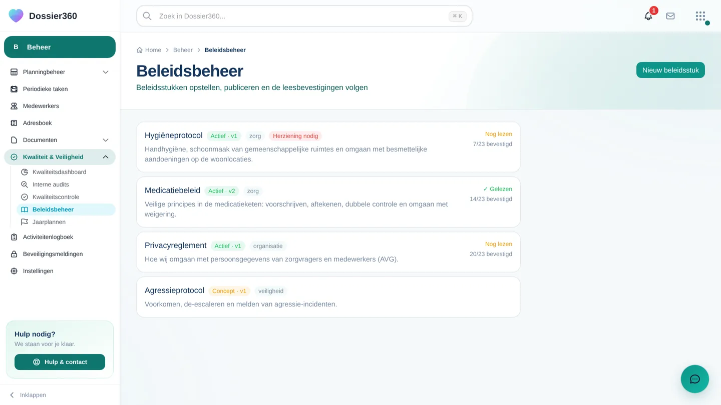 Beleidsbeheer met stukken in de statussen Concept en Actief, versiebadges, categorie, de leesteller (bijvoorbeeld 14/23 bevestigd) en één stuk met de badge Herziening nodig.