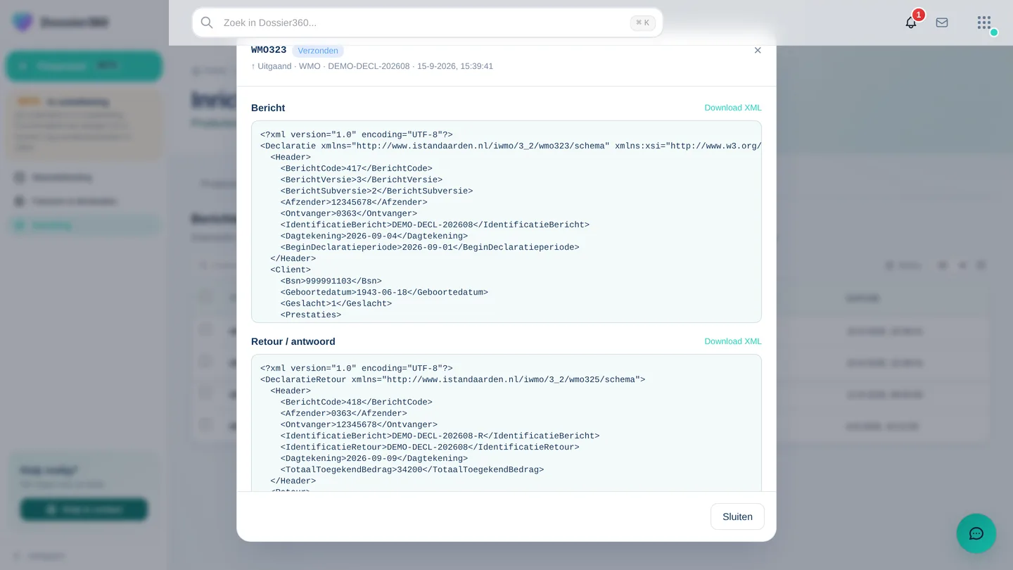 Geopend bericht in het berichtenlog met de XML-inhoud, de knop Download XML en het blok Retour / antwoord