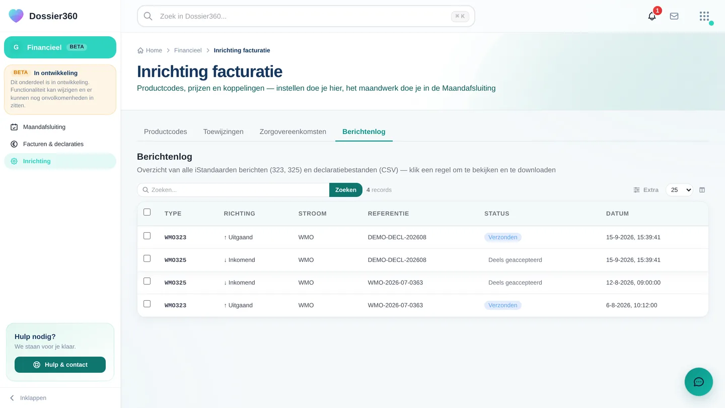 Berichtenlog-tabblad onder Inrichting met de kolommen Type, Richting, Stroom, Referentie, Status en Datum