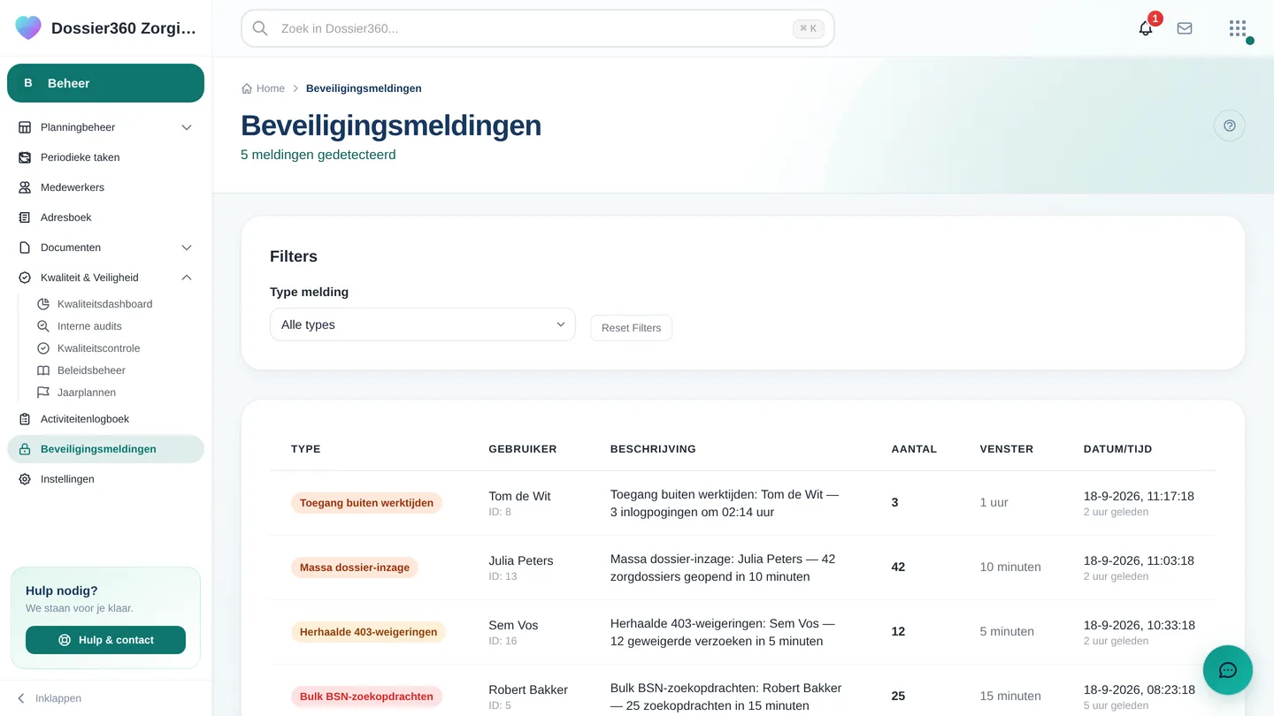 Beveiligingsmeldingen met het typefilter en de lijst gedetecteerde meldingen met type, medewerker en tijdstip