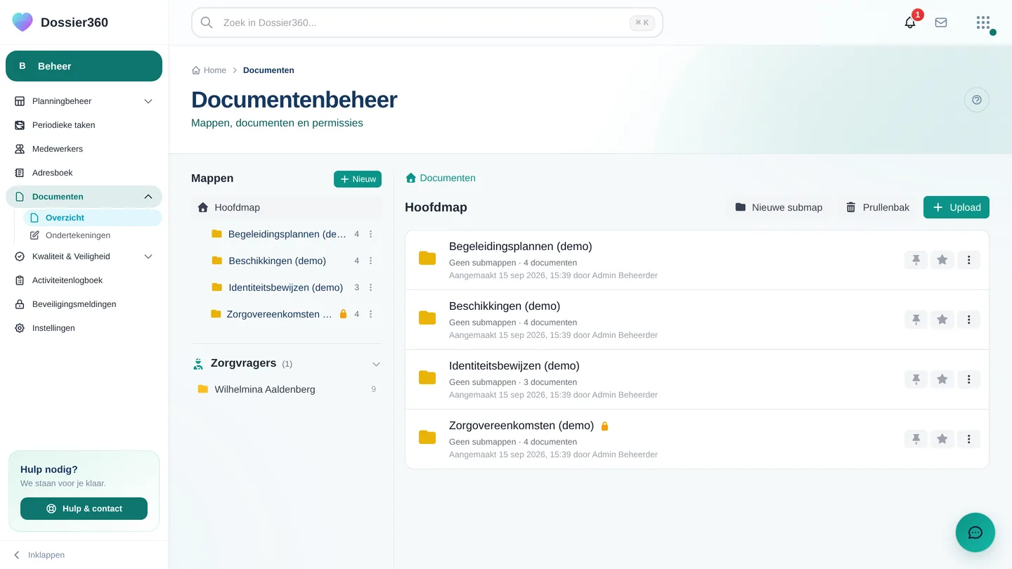 Beheer → Documenten → Overzicht met de mappenboom, de sectie Zorgvragers en de knoppen Permissies / Prullenbak