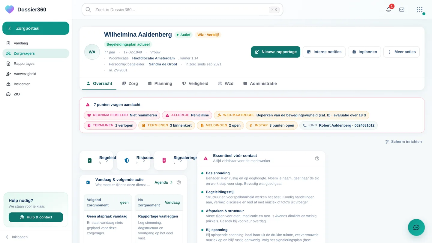 De attentiebalk bovenaan het zorgdossier met reanimatiebeleid, allergie, signaleringsfase en een termijn