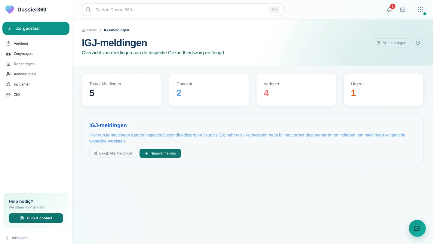De pagina IGJ-meldingen met tellers en de knoppen Nieuwe melding / Alle meldingen