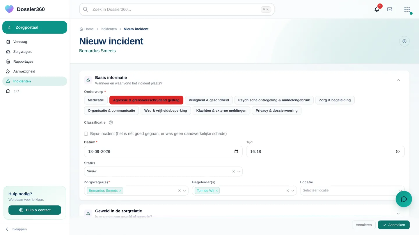 Het meldformulier: onderwerp-knoppen, classificatie, bijna-incident, datum, zorgvrager(s) en begeleider(s)