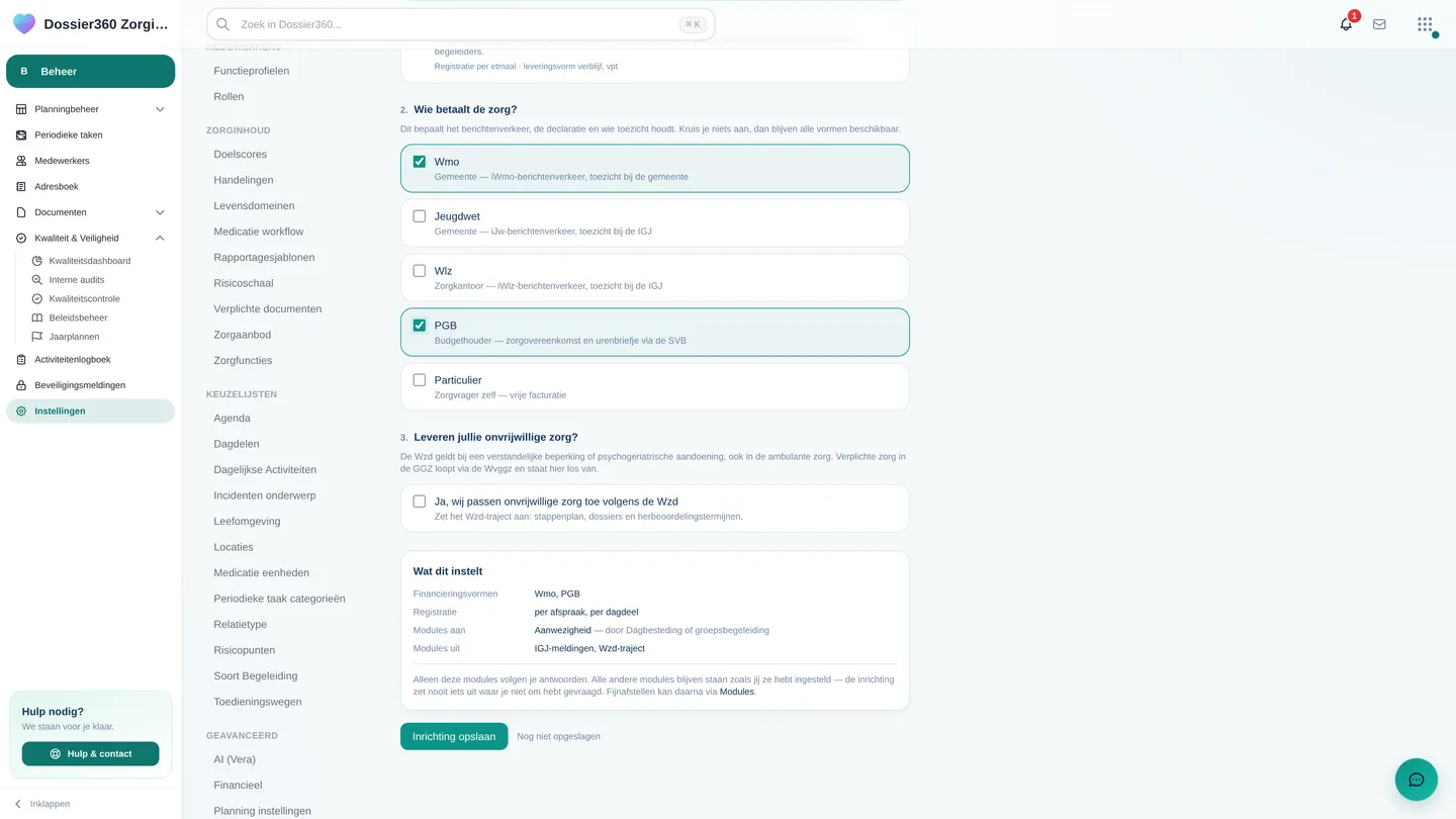 Het blok "Wat dit instelt" met Financieringsvormen, Registratie, Modules aan (met herkomst) en Modules uit, en de knop Inrichting opslaan