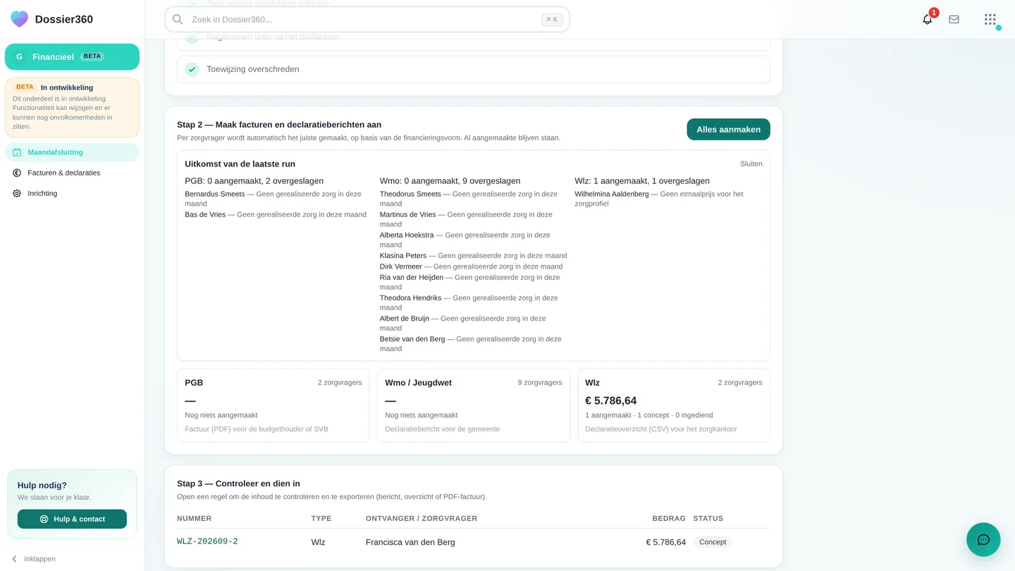 Het blok "Uitkomst van de laatste run" met per geldstroom aangemaakt/overgeslagen en per overgeslagen zorgvrager de reden