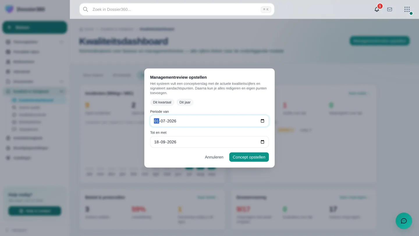 Dialoog "Managementreview opstellen" met de presets Dit kwartaal / Dit jaar en de datumvelden, boven het dashboard