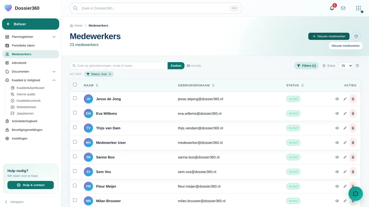 Medewerkersoverzicht met de kolommen Naam, Gebruikersnaam en Status, de knop Nieuwe medewerker en het statusfilter