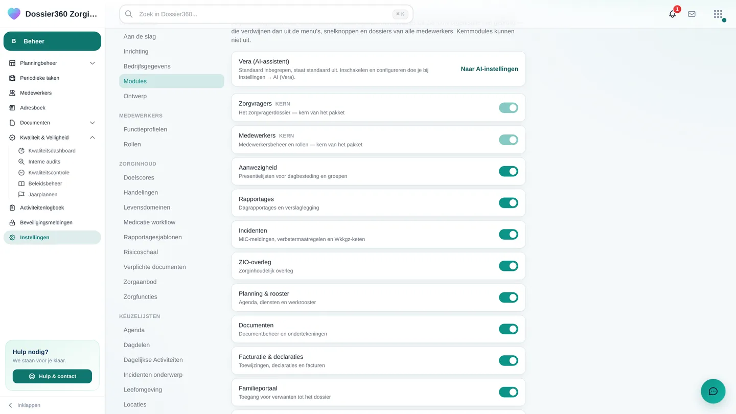 Modules-overzicht onder Instellingen → Organisatie met de schakelaars per module