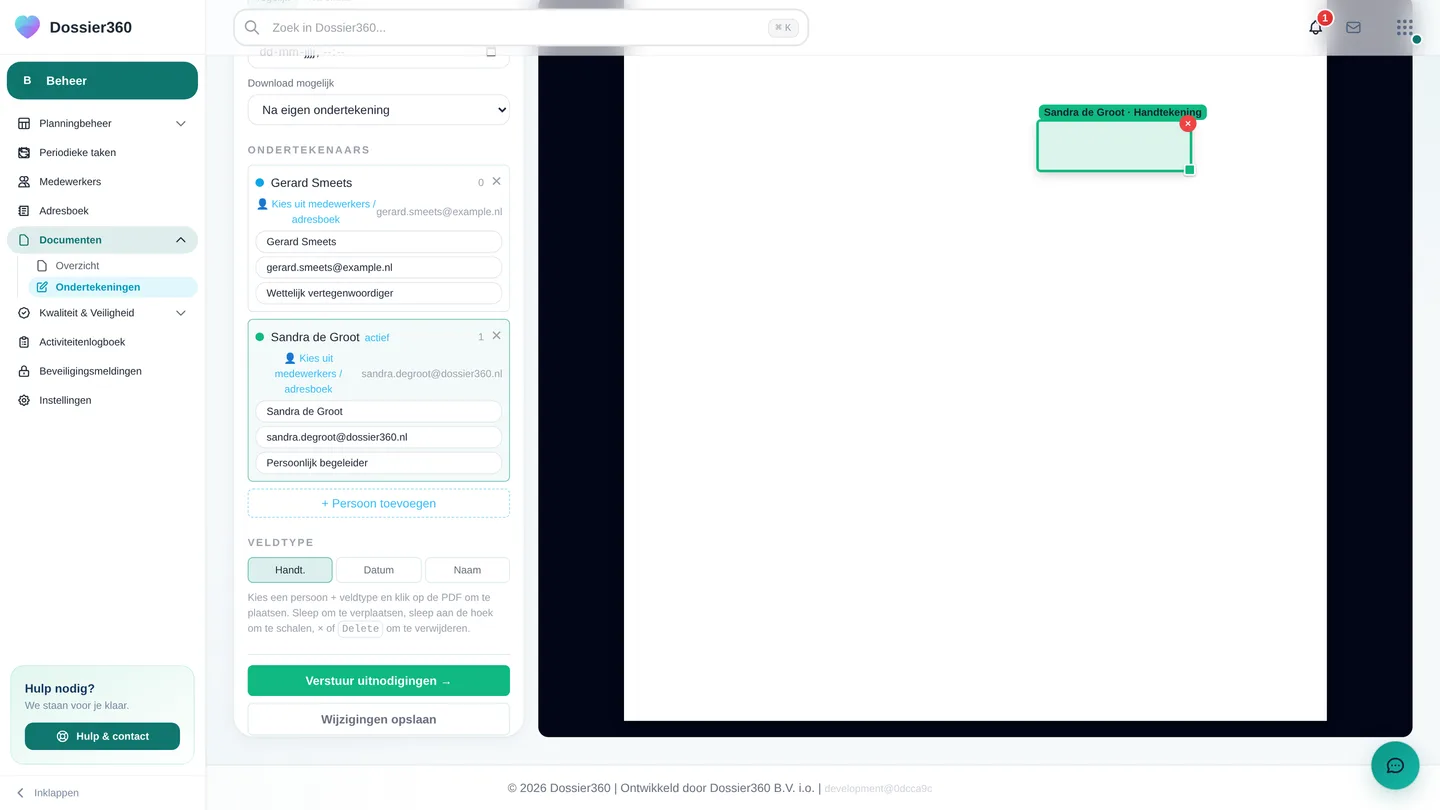 Na Verstuur ter ondertekening: ondertekenaars toevoegen, een veldtype kiezen en de handtekeningvelden op de pdf plaatsen, daarna Verstuur uitnodigingen.
