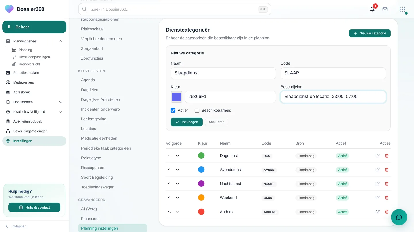 Dienstcategorieën: de tabel met volgorde, kleur, naam en code, en het formulier Nieuwe categorie ingevuld