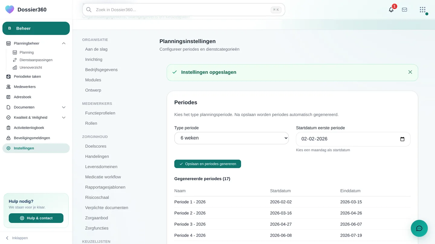 Planningsinstellingen: het type periode en de startdatum, met na het opslaan de gegenereerde periodes