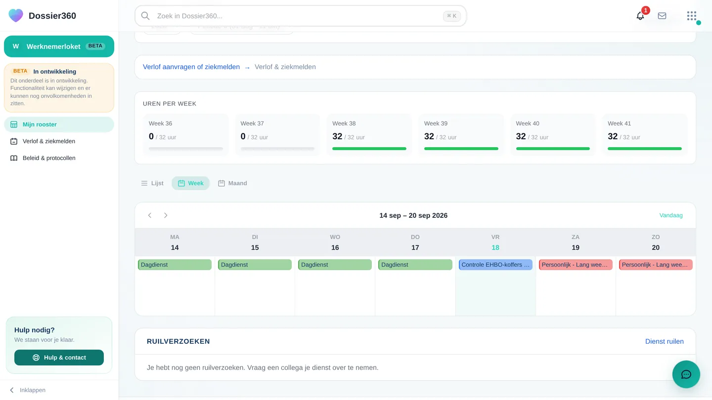 Mijn rooster: periode kiezen, de uren per week tegen de contracturen, en de weekweergave met de diensten