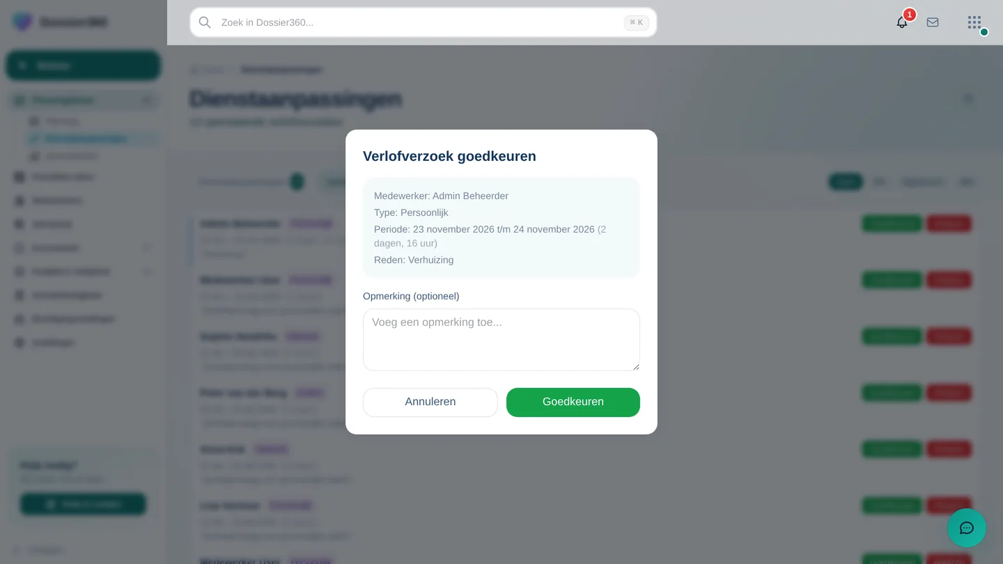 De dialoog Verlofverzoek goedkeuren met medewerker, type, periode en een optionele opmerking