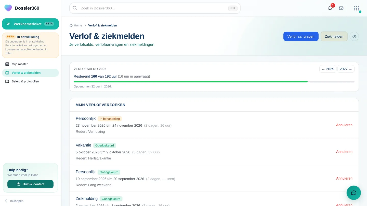 Verlof & ziekmelden: het verlofsaldo van dit jaar en de eigen verlofverzoeken met status