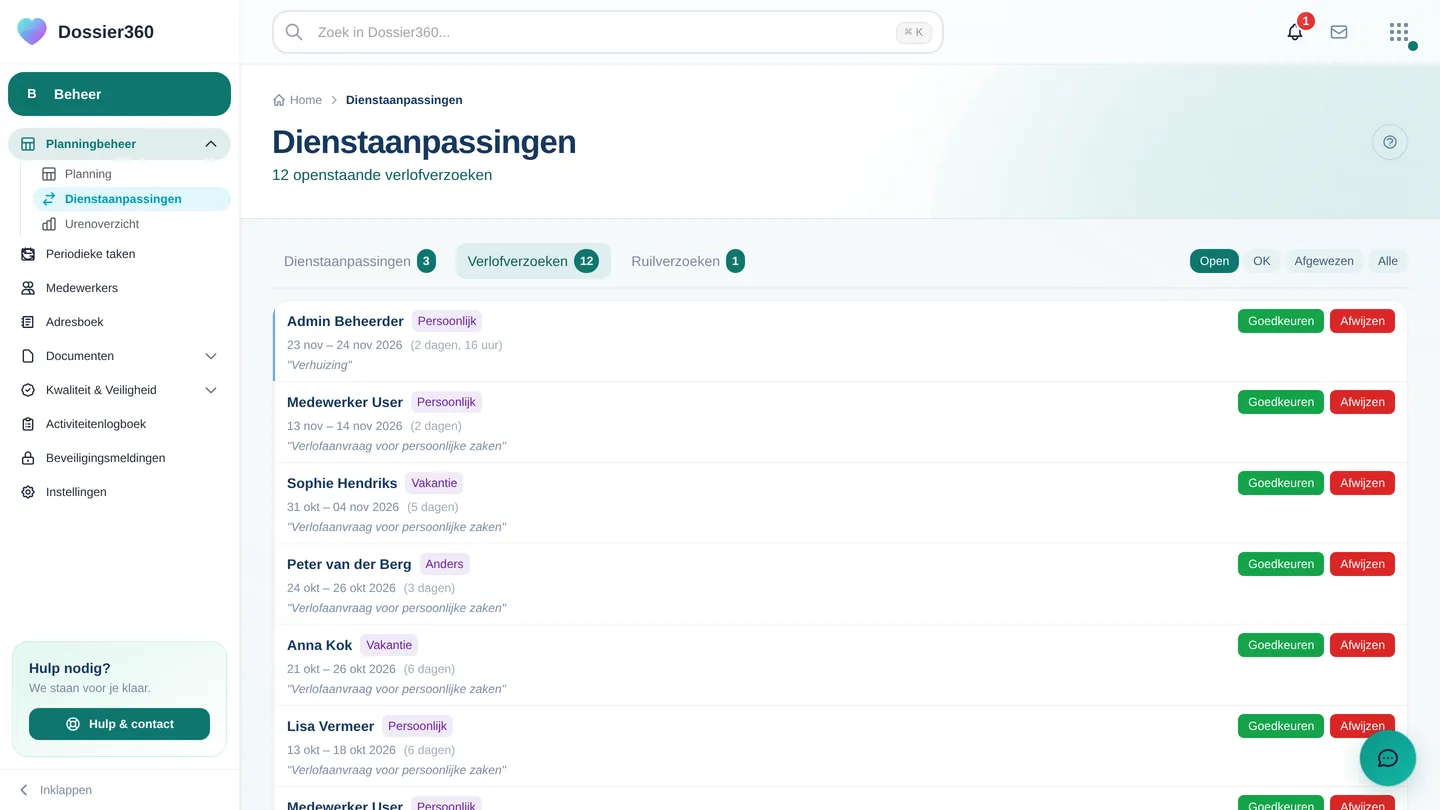 Dienstaanpassingen, tabblad Verlofverzoeken: de openstaande aanvragen met per aanvraag Goedkeuren en Afwijzen