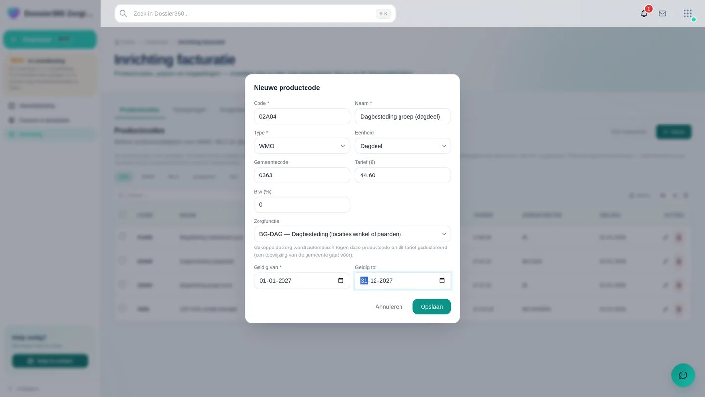 Productcodes-tabblad onder Inrichting met het formulier Nieuw: Code, Naam, Type, Eenheid, Gemeentecode, Tarief, Btw, Zorgfunctie en Geldig van/tot