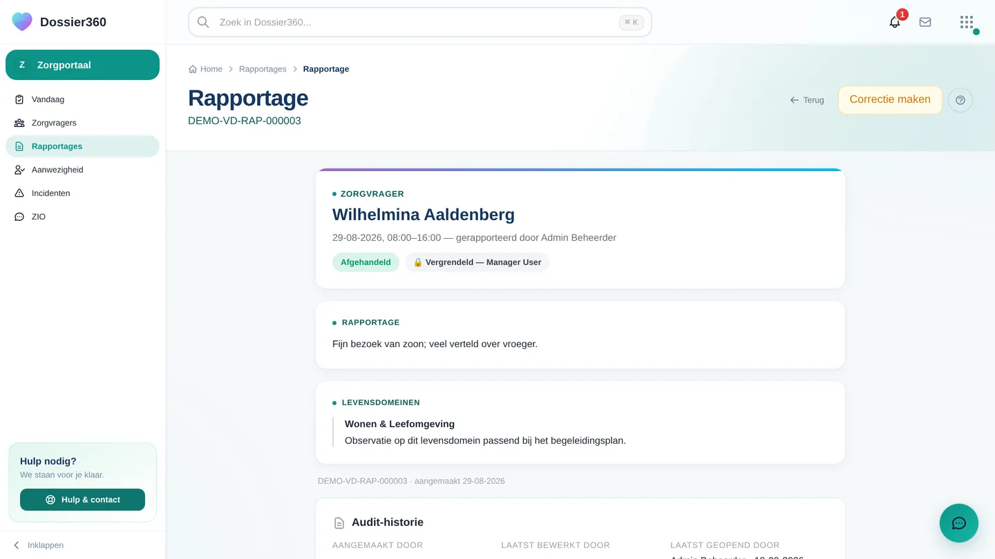 De detailpagina van een afgehandelde rapportage met de knop Correctie maken