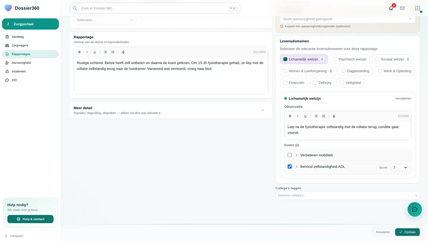Het blok Levensdomeinen met een aangevinkt domein, observatieveld en doelscores