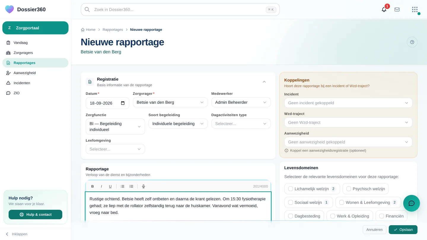 Het formulier Nieuwe rapportage: datum, zorgvrager, zorgfunctie, soort begeleiding en het rapportageveld