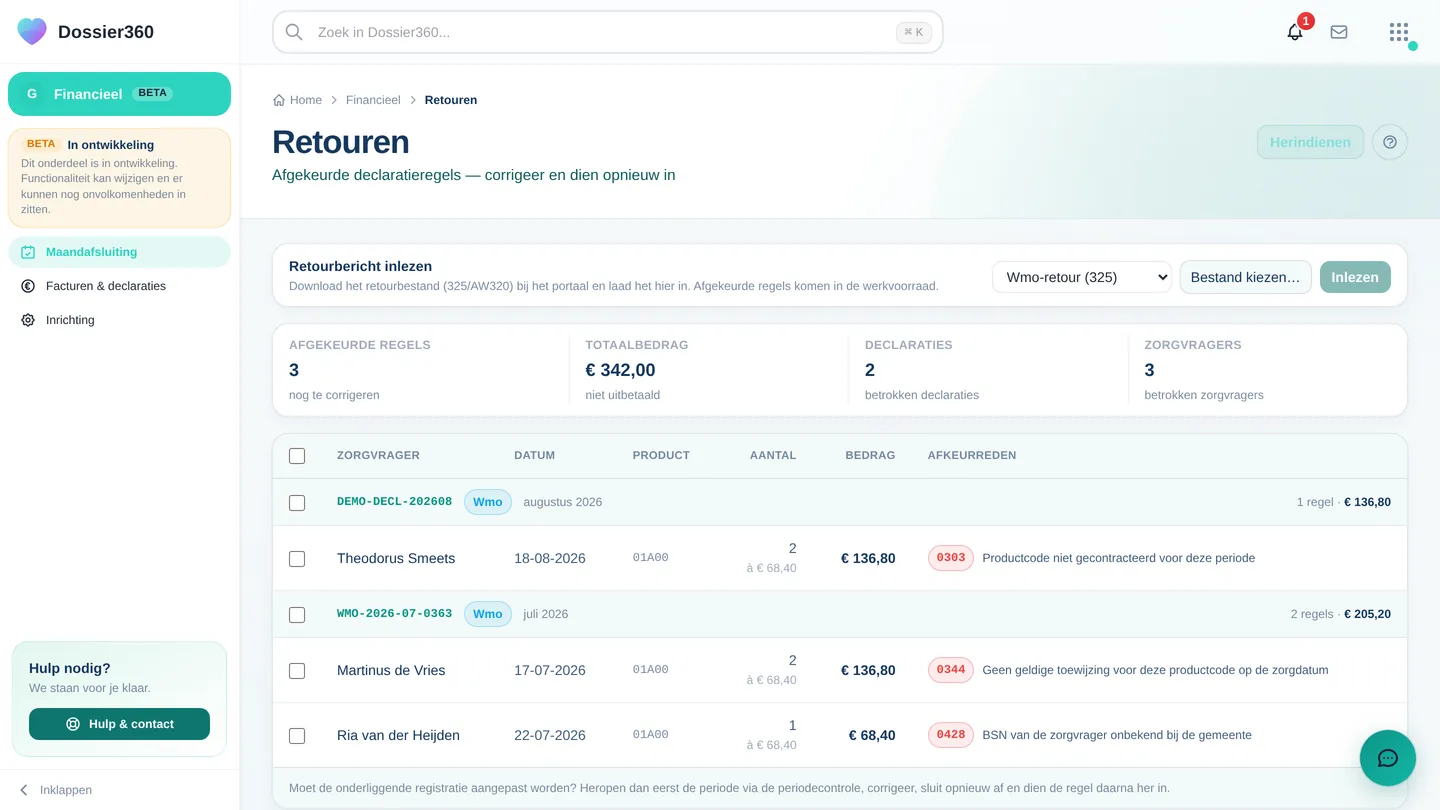 De kaart "Retourbericht inlezen" bovenaan Retouren met de keuze Wmo-retour (325), Jeugdwet-retour (325), Wlz-retour (AW320), bestandskiezer en knop Inlezen