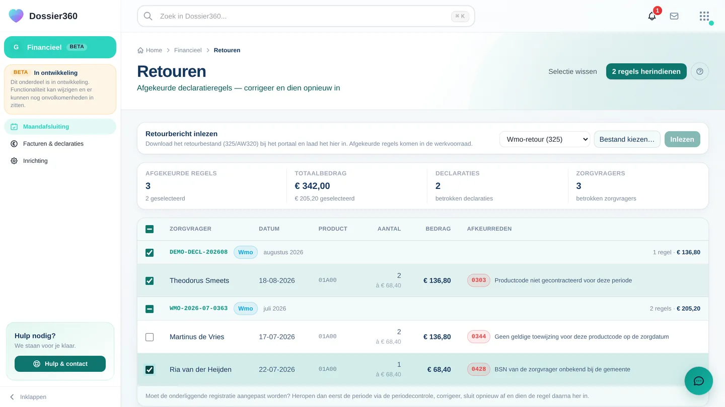 Retouren met de kaart "Retourbericht inlezen", de tellers en de tabel met afgekeurde regels per declaratie, een selectie en de knop "n regels herindienen"