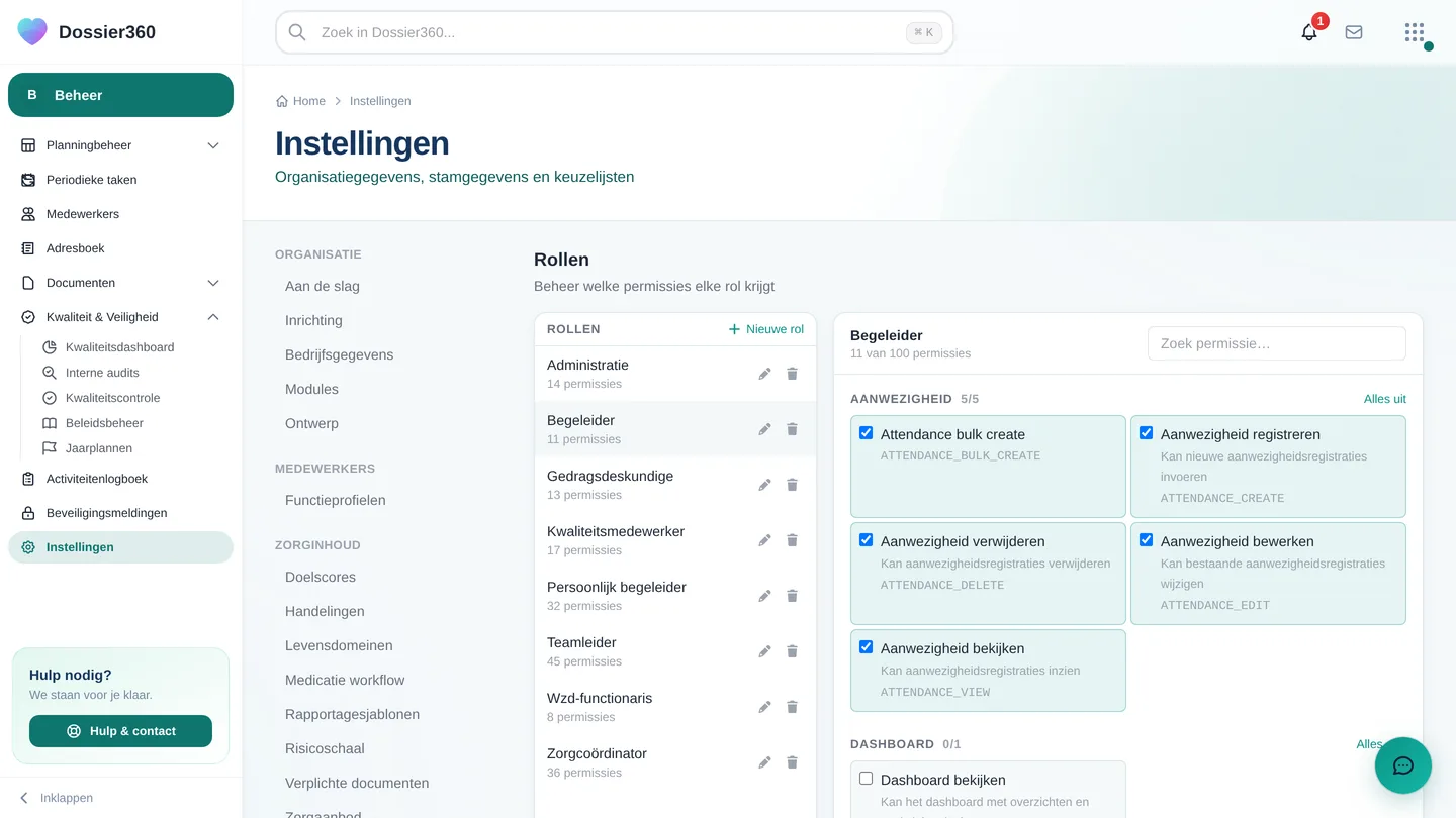 Rollen-scherm met links de rollen Begeleider, Zorgcoördinator en WZD-functionaris en rechts de permissielijst met zoekveld