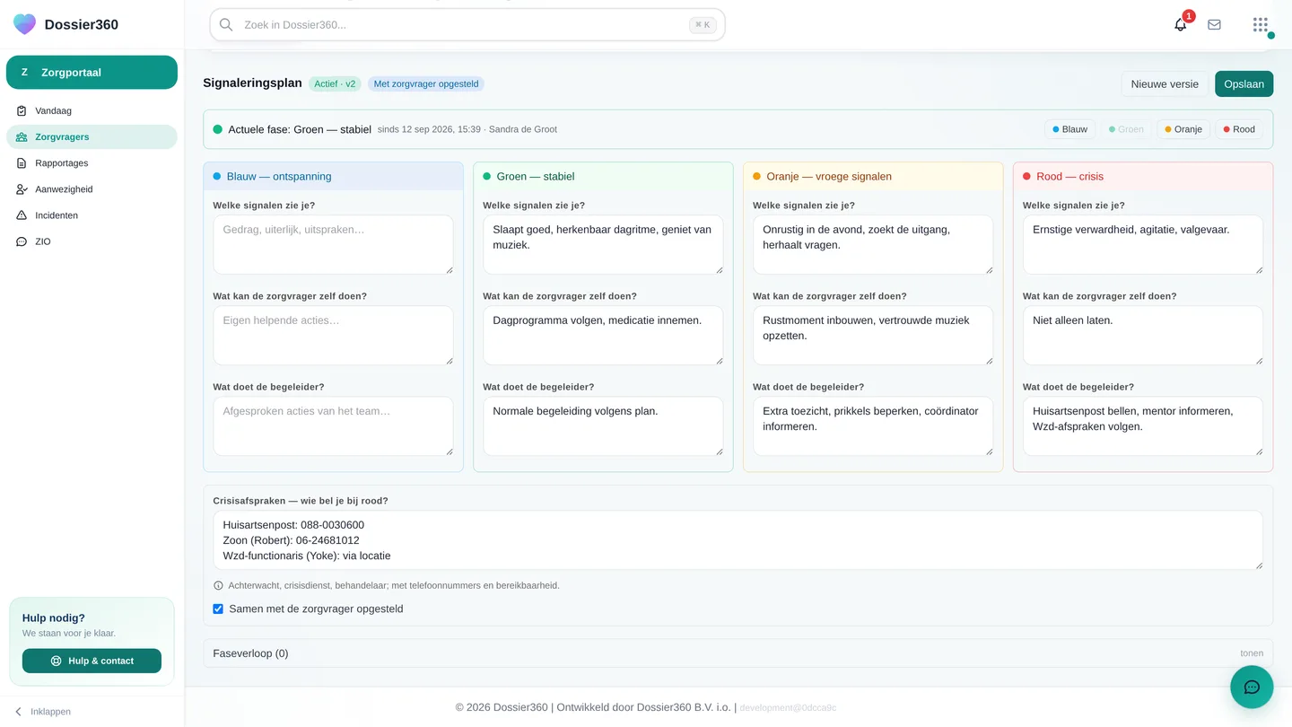 Veiligheid → Signaleringsplan met de vier fasekolommen (blauw, groen, oranje, rood), de actuele fase met de faseknoppen, de crisisafspraken en de knoppen Nieuwe versie en Opslaan.