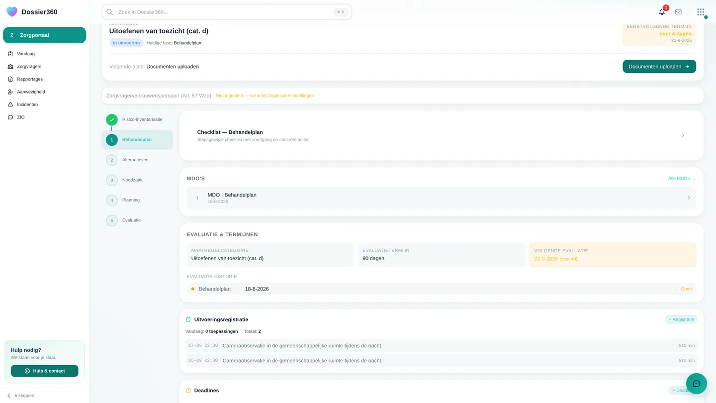 De Wzd-gids van een dossier met de stappenkaart, de volgende actie en het blok Evaluatie & Termijnen