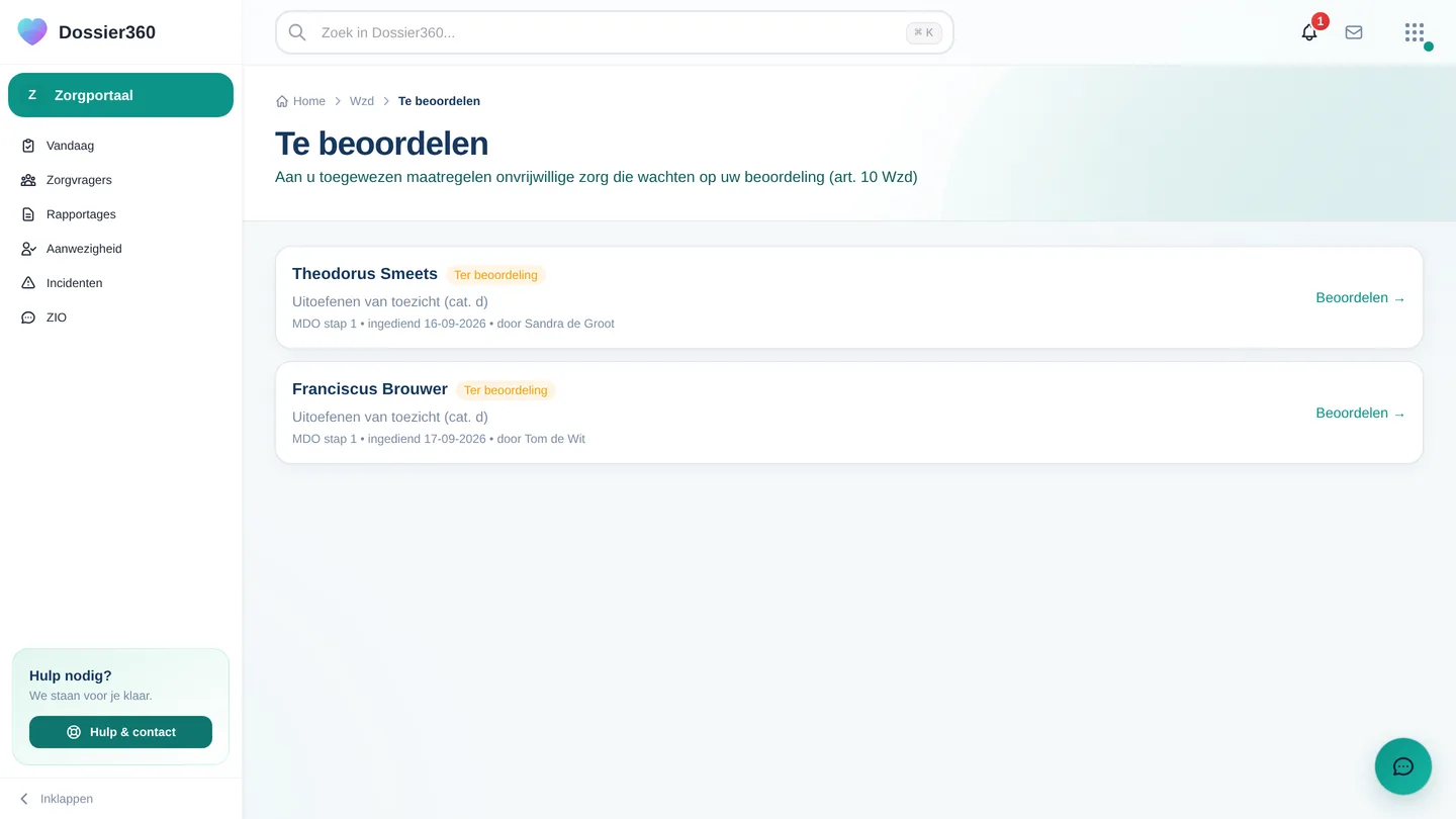 Zorgportaal → Te beoordelen: de werkvoorraad van de WZD-functionaris