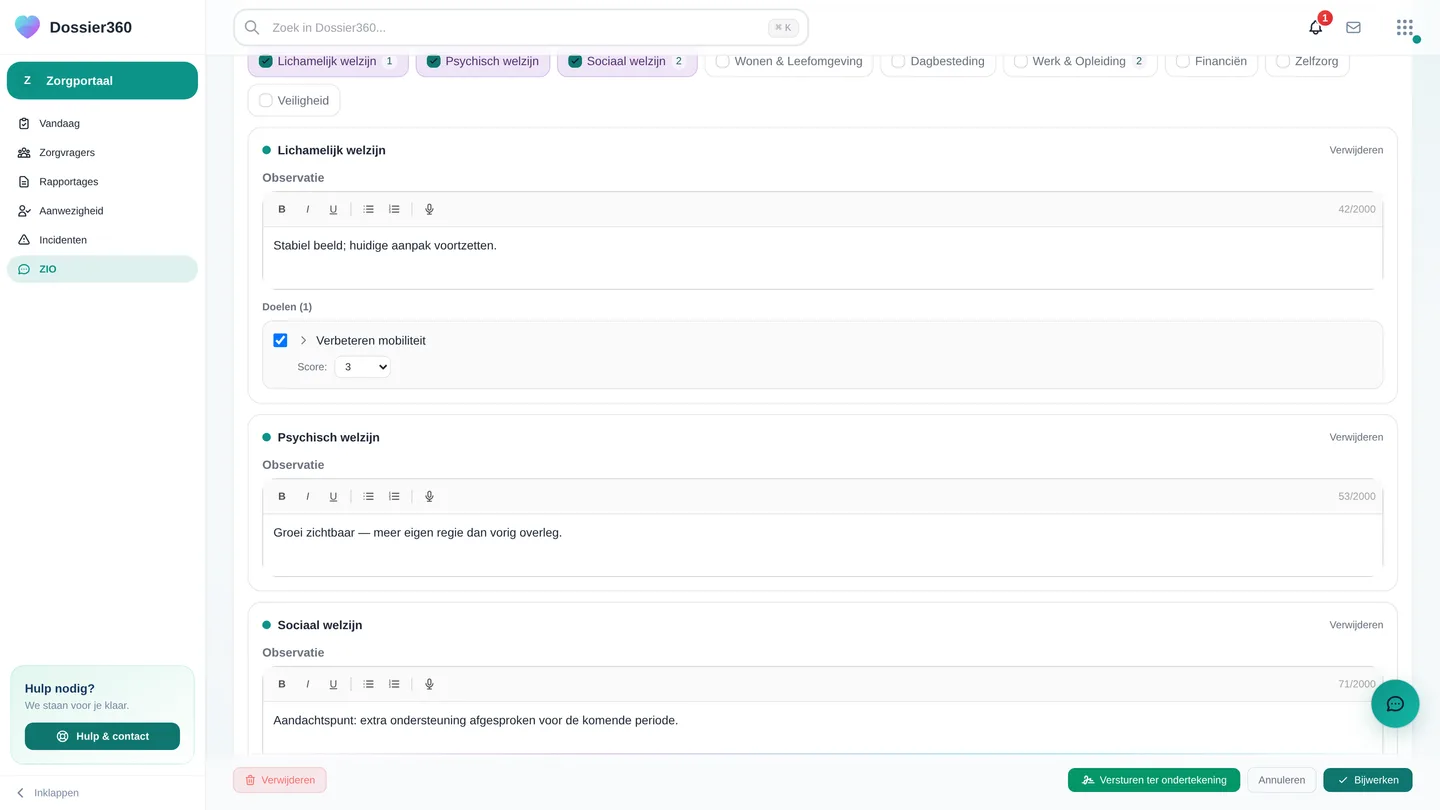De sectie Levensdomeinen in het ZIO met observatie en doelscores