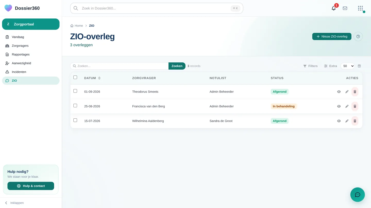 Zorgportaal → ZIO: de lijst met datum, zorgvrager, notulist, status en de knop Nieuw ZIO-overleg