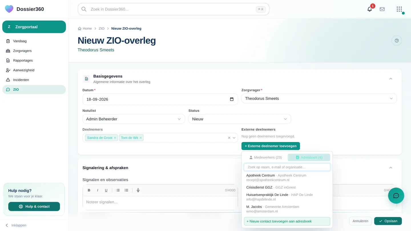 Het formulier Nieuw ZIO-overleg: zorgvrager, datum, notulist, deelnemers en externe deelnemers