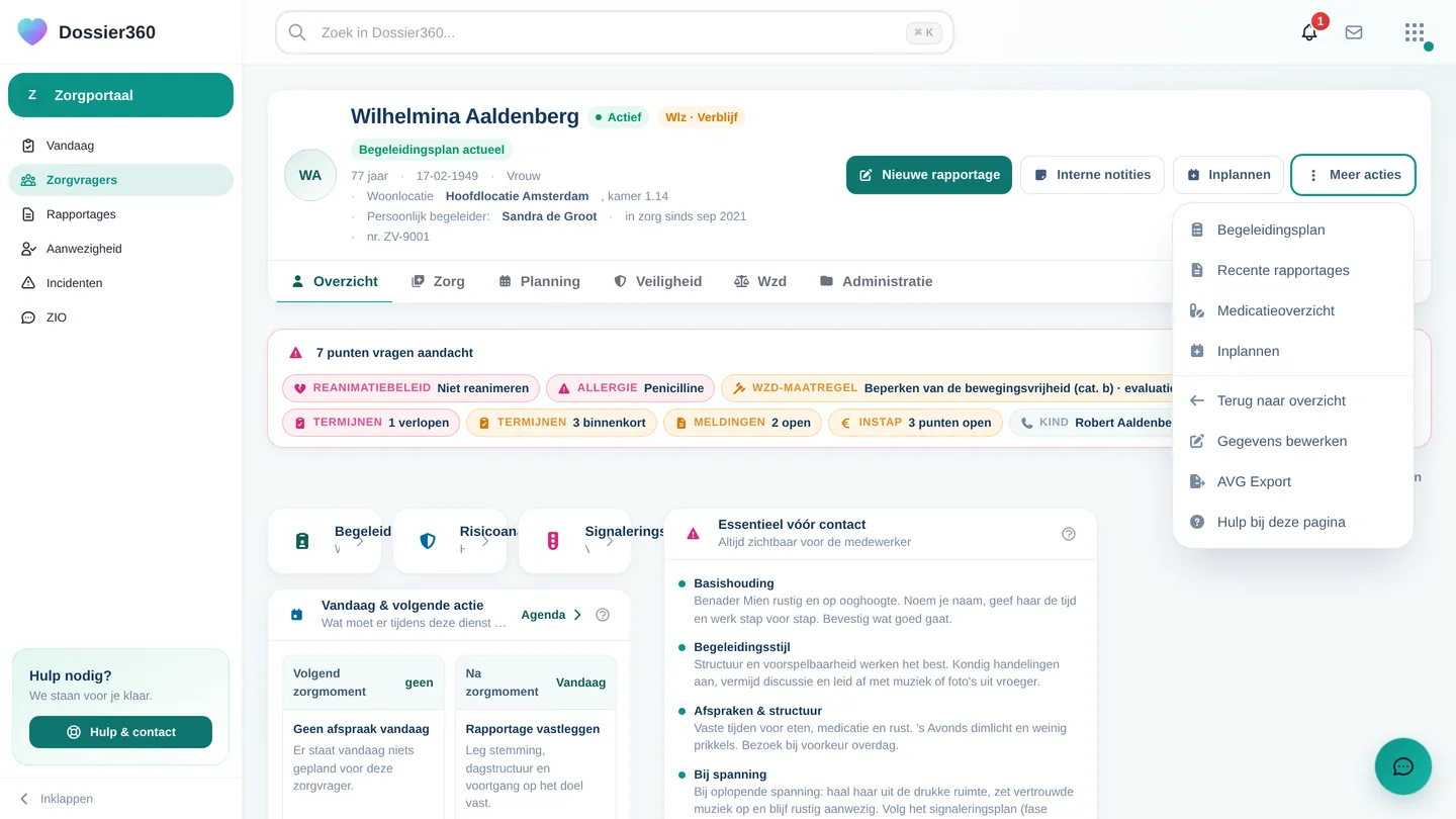 De tabbalk met de zes tabbladen en het menu Meer met Begeleidingsplan / Recente rapportages / Medicatieoverzicht / Inplannen