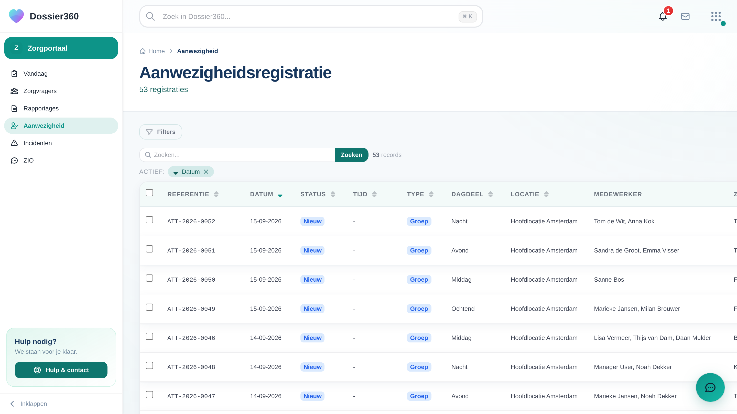 Screenshot van Aanwezigheidsregistratie in Dossier360