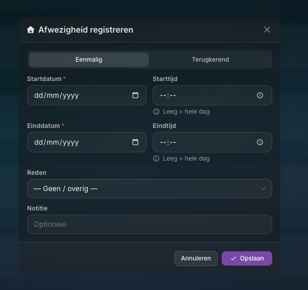 Afwezigheid registreren eenmalig in Dossier360