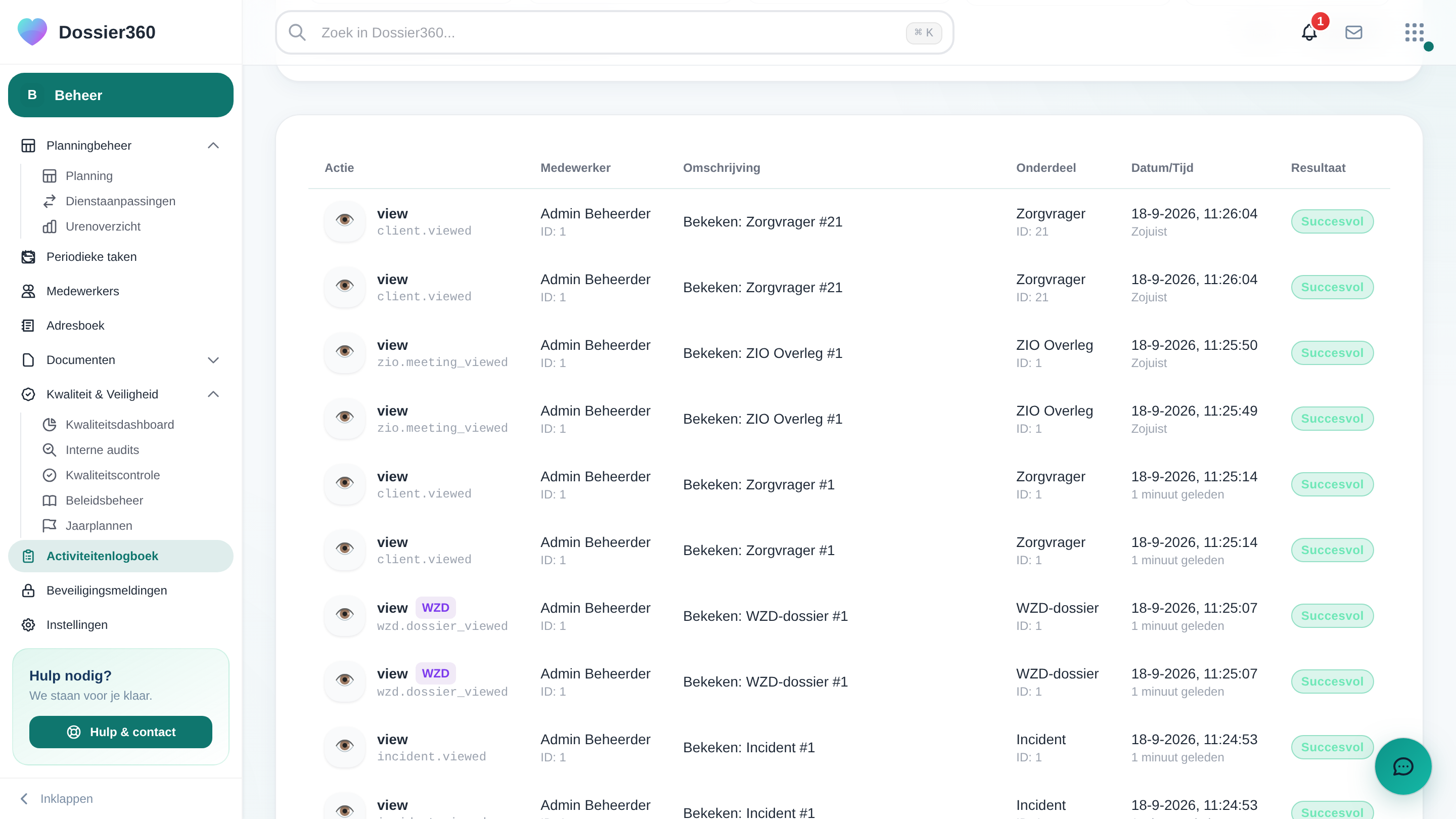Screenshot van Activiteitenlogboek in Dossier360