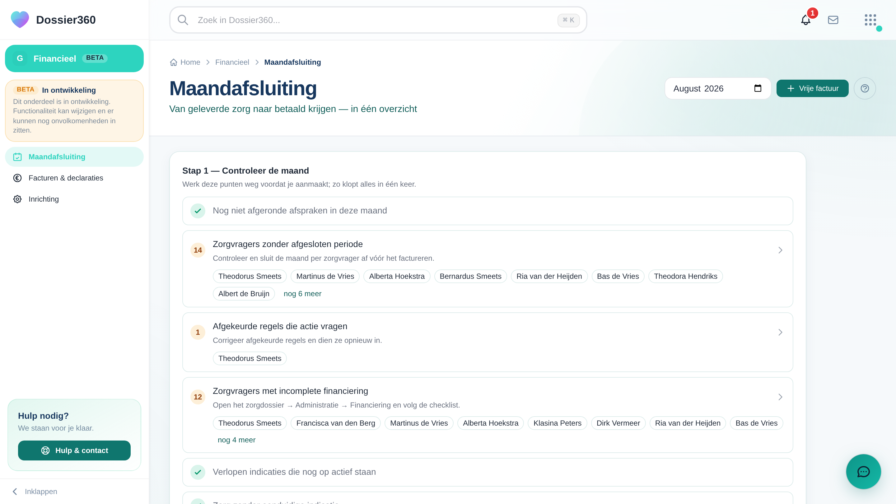 Screenshot van Facturatie en declaratie in Dossier360