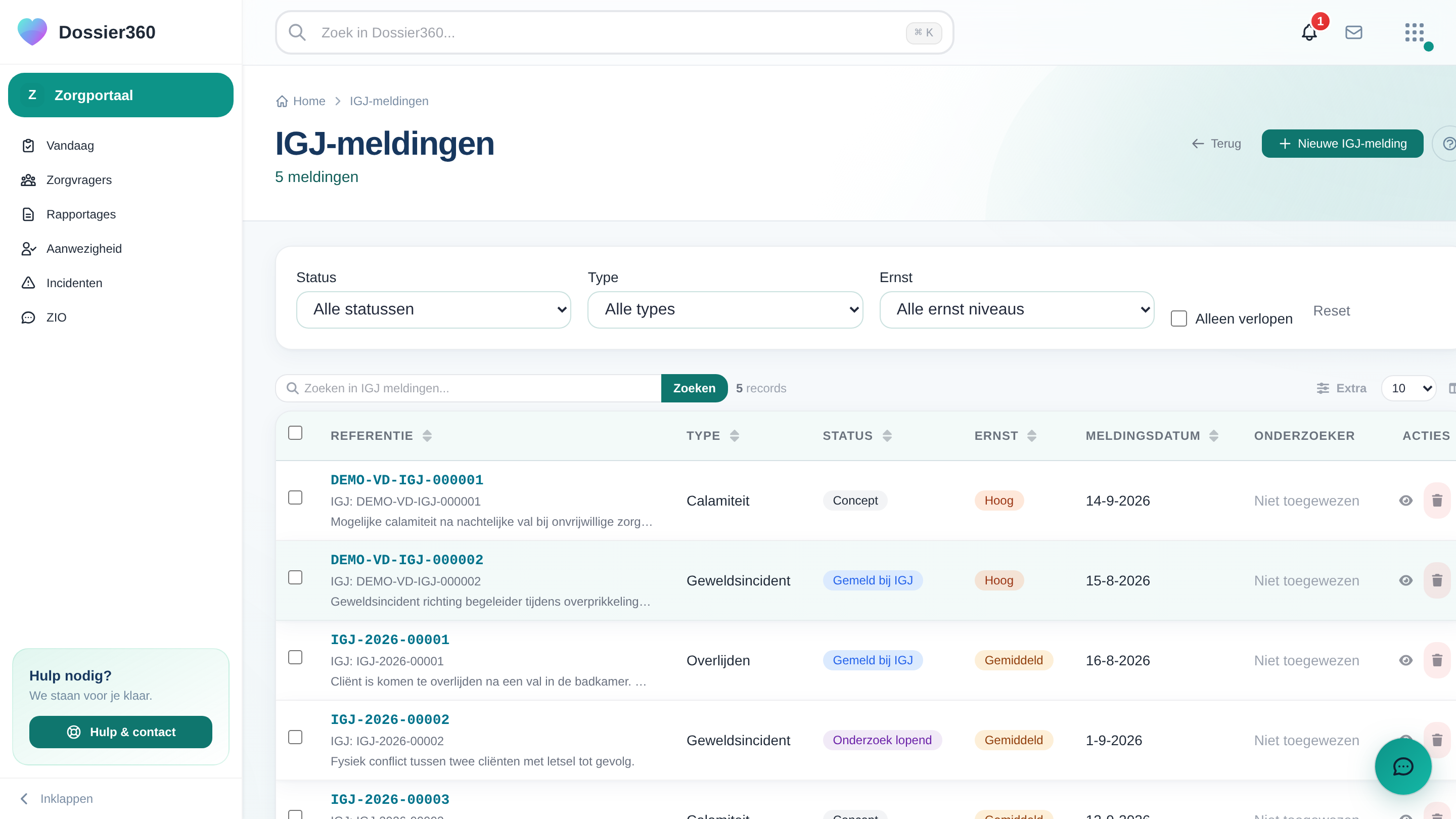 Screenshot van IGJ-meldingen in Dossier360