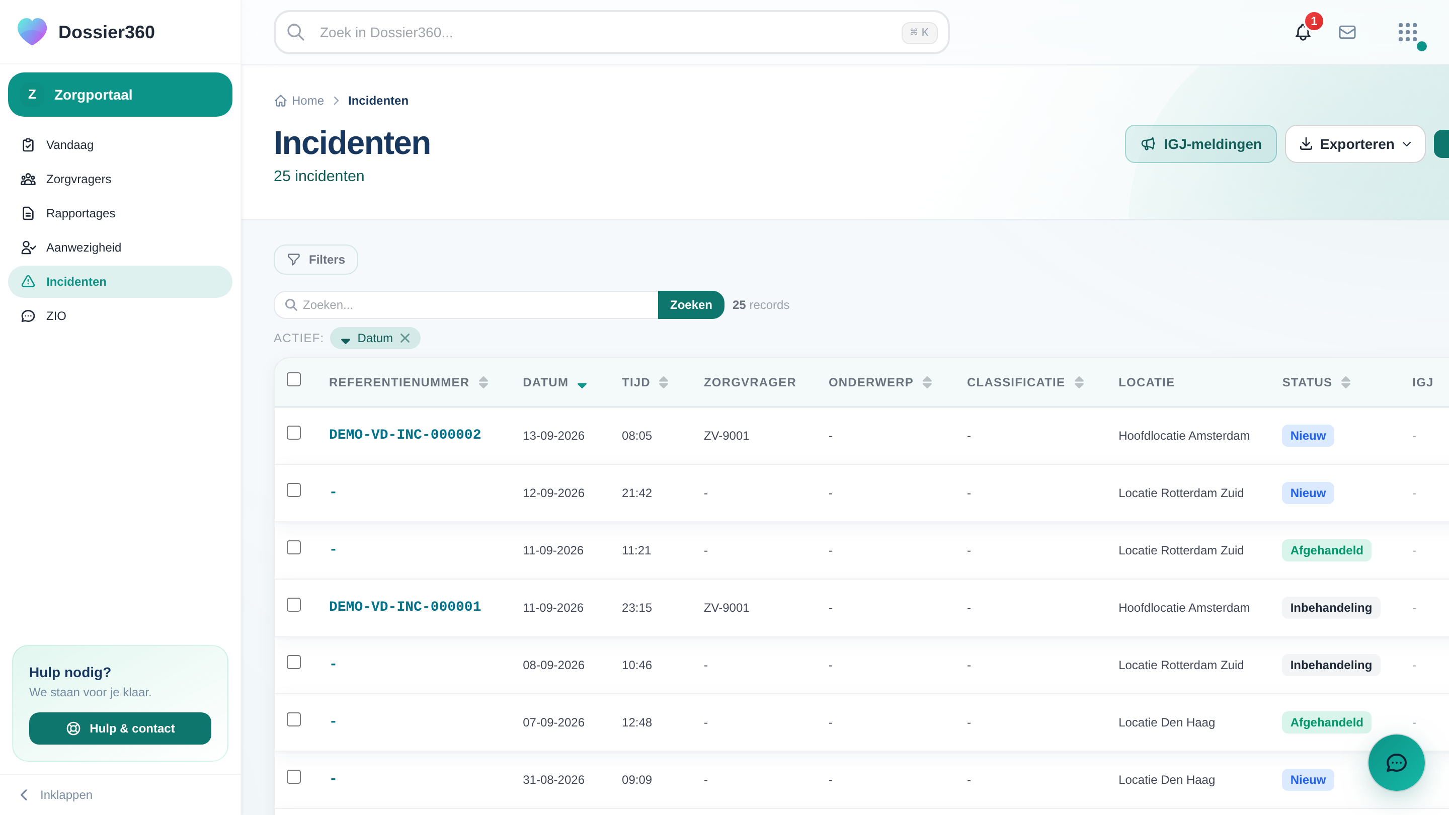 Screenshot van Incidentenregistratie in Dossier360