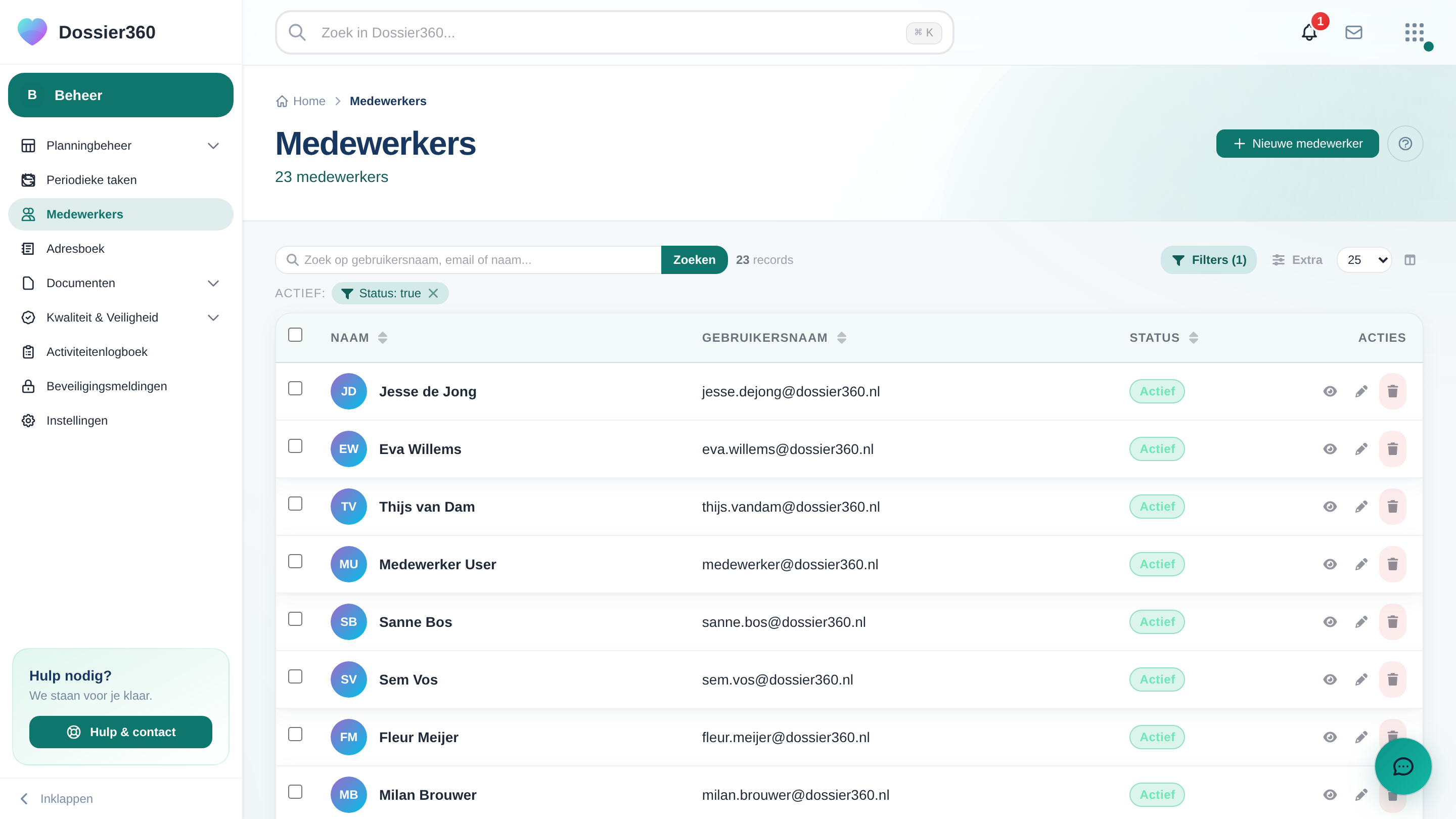 Screenshot van Medewerkers in Dossier360