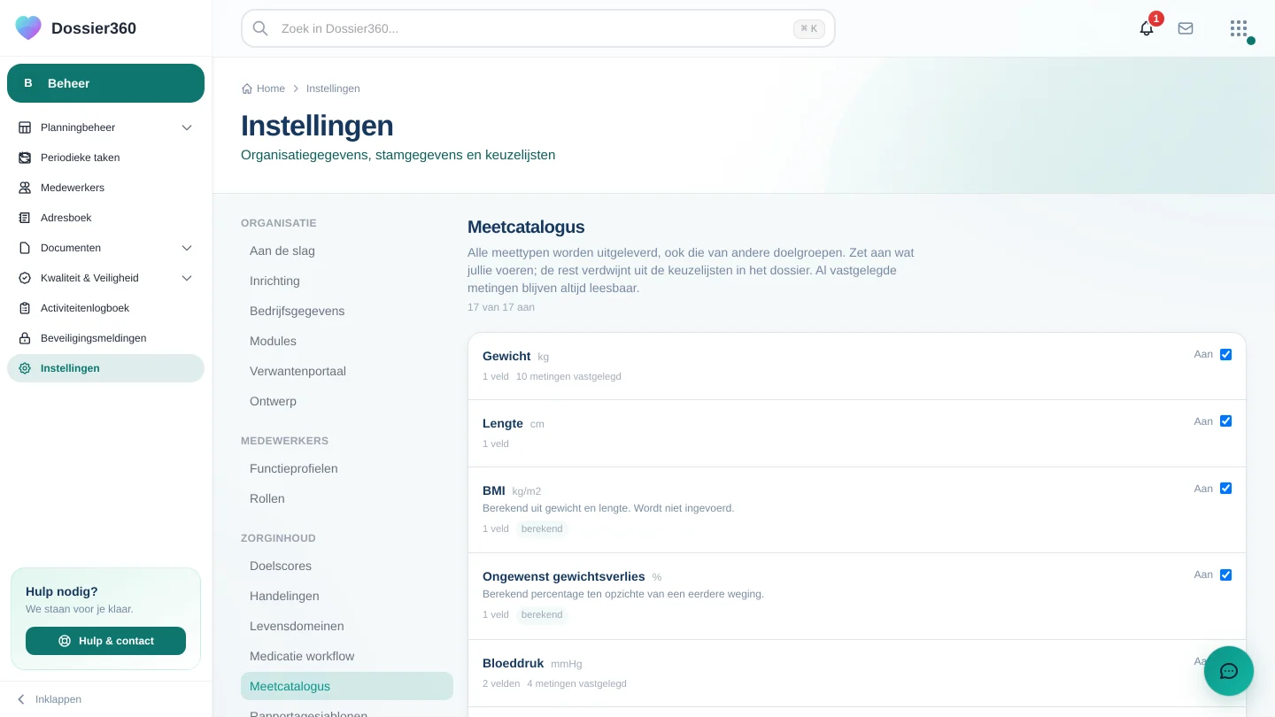 De meetcatalogus in de instellingen