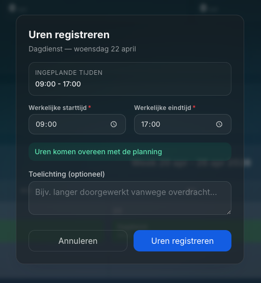 Uren registreren na dienst in Dossier360