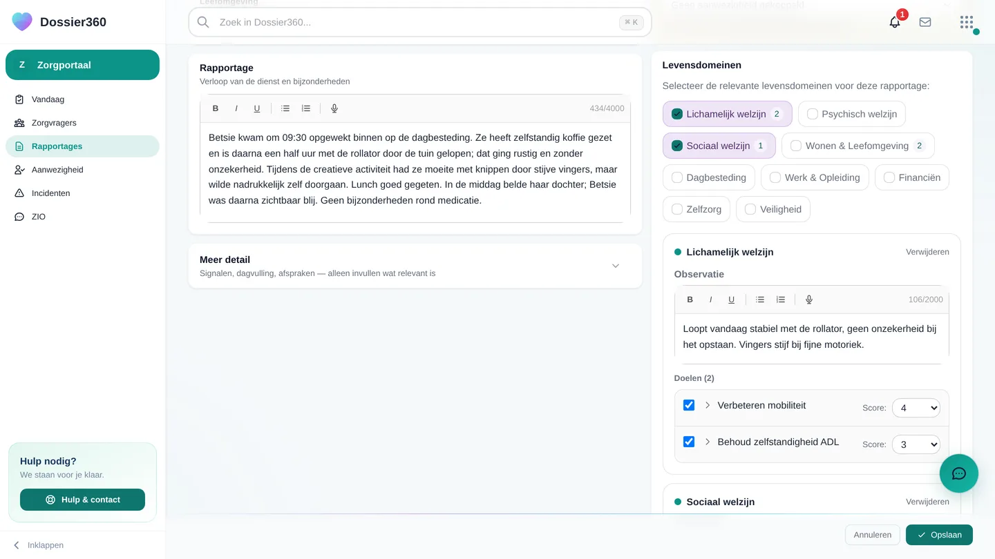 Levensdomeinen met doelscores in de rapportage