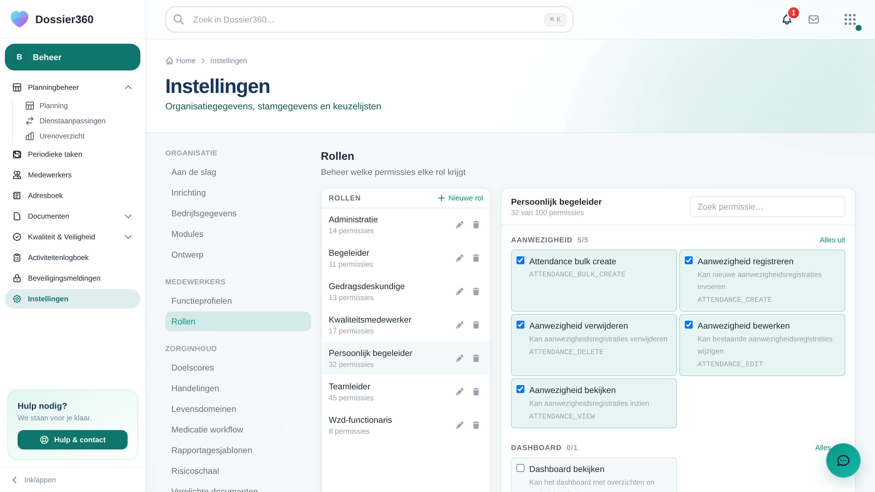 Screenshot van Rollen & rechten in Dossier360